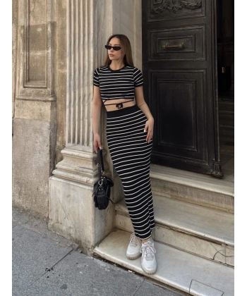 BİÇOMİ Çizgili etekli takım siyah s3609