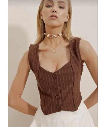 BİÇOMİ Çizgili krep düğmeli yelek kahve s3395