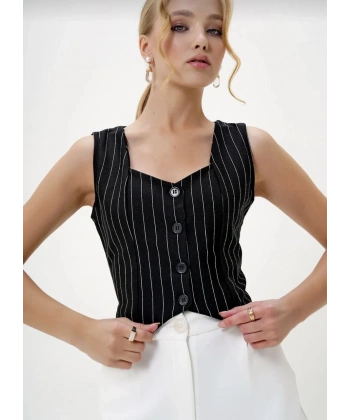 BİÇOMİ Çizgili krep düğmeli yelek siyah s3395