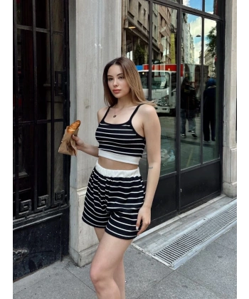 BİÇOMİ Çizgili şortlu takım siyah s3978