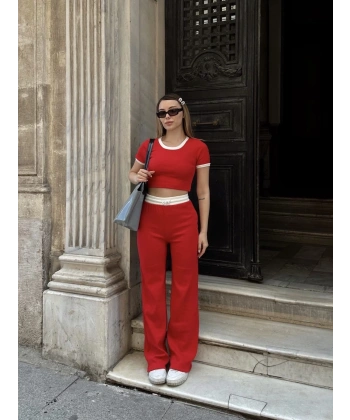 BİÇOMİ Crop pantolon biyeli takım kırmızı