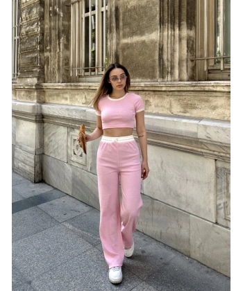 BİÇOMİ Crop pantolon biyeli takım pembe