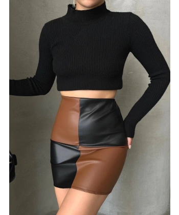 BİÇOMİ Damalı deri etek siyah kahve w24648