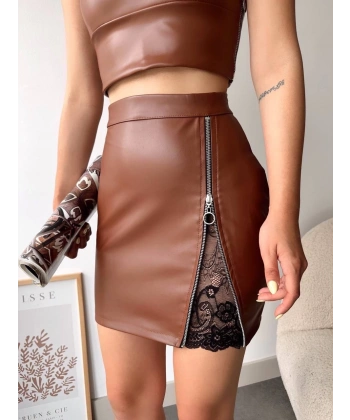 BİÇOMİ Dantelli fermuarlı deri etek kahve w24598