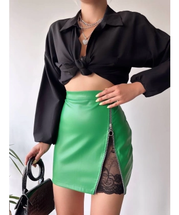 BİÇOMİ Dantelli fermuarlı deri etek yeşil w24598