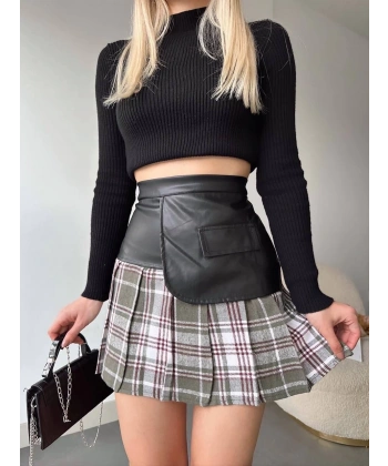 BİÇOMİ Deri garnili cepli ekose etek siyah s24604