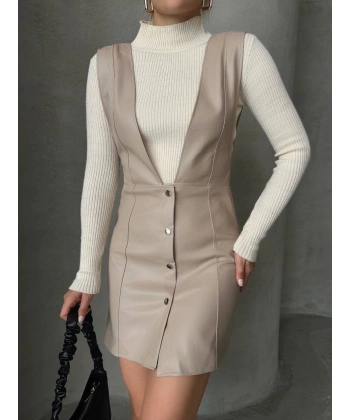 BİÇOMİ Deri jile elbise bej w24796