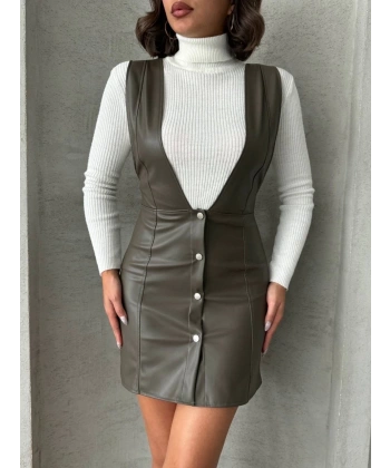 BİÇOMİ Deri jile elbise haki w24796