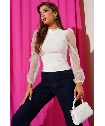 BİÇOMİ Dik yaka tül kollu bluz beyaz t3066