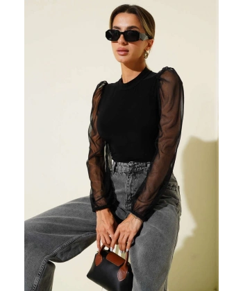 BİÇOMİ Dik yaka tül kollu bluz siyah t3066