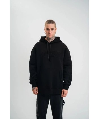 Biçomi Double Oversize Kapşonlu Nakışlı SweatShirt - Siyah