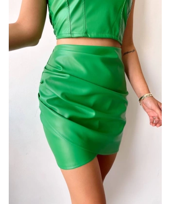 BİÇOMİ Drapeli deri etek yeşil s24771