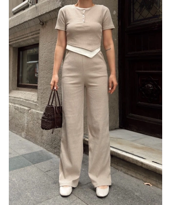 BİÇOMİ Düğme yakalı bej alt üst takım s3943