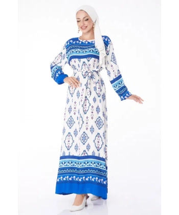 BİÇOMİ Düz Bisiklet Yaka Kadın Mavi Etnik Desenli Elbise