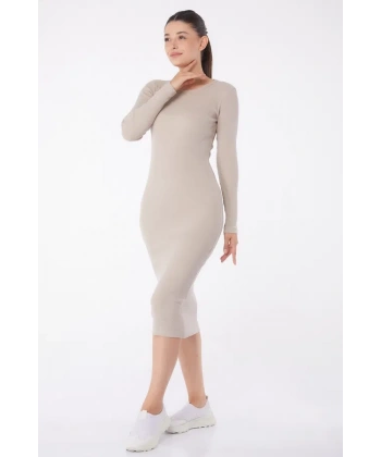 BİÇOMİ Düz Bisiklet Yaka Kadın Midi Elbise