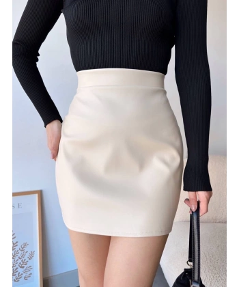 BİÇOMİ Düz deri etek bej h24468