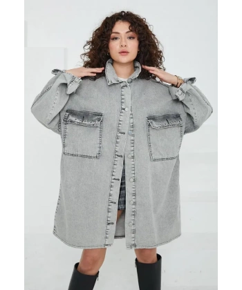 BİÇOMİ Düz Gömlek Yaka Kadın Gri Kuş Gözü Cepli Kot Ceket