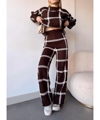 BİÇOMİ Ekoseli triko takım kahvebeyaz