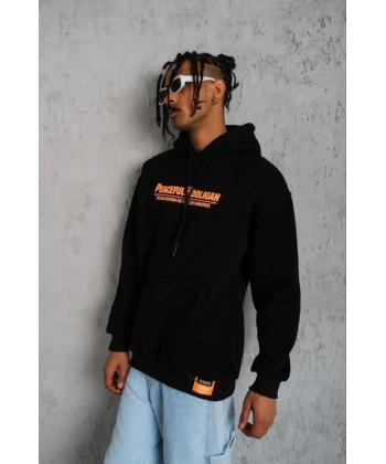 Biçomi Erkek Armalı Baskılı Kapüşonlu Sweatshirt - Siyah