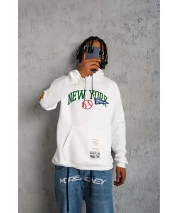 Biçomi Erkek Baskılı Kapüşonlu Sweatshirt - Beyaz