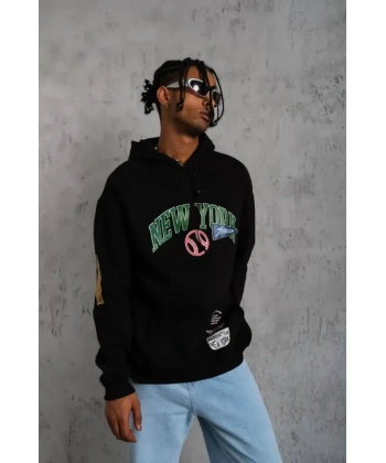 Biçomi Erkek Baskılı Kapüşonlu Sweatshirt - Siyah