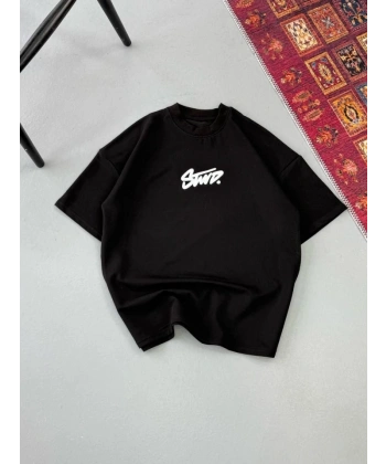Biçomi Erkek Baskılı Oversize T-shirt - Siyah