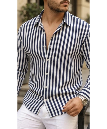 Biçomi Erkek Dikey Çizgili Yarım Oversize Gömlek