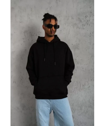 Biçomi Erkek Düz Kapüşonlu Sweat - Siyah