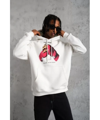 Biçomi Erkek Eldiven Baskılı Kapüşonlu Sweat - Beyaz