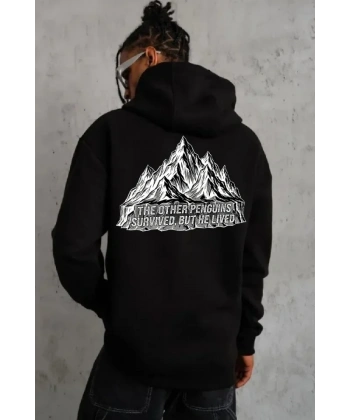 Biçomi Erkek Nihilist Penguen Temalı Oversize Kapüşonlu Sweatshirt - Siyah