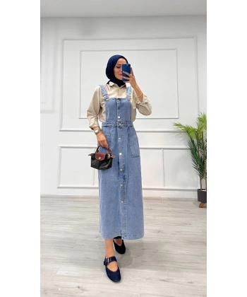 BİÇOMİ Etekli salopet enzim süper taş yıkama buz mavi d 2521