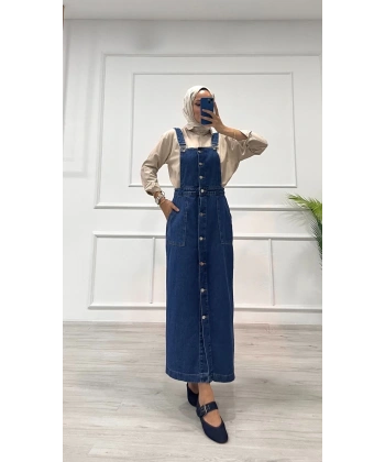 BİÇOMİ Etekli salopet enzim süper taş yıkama koyu mavi d2521