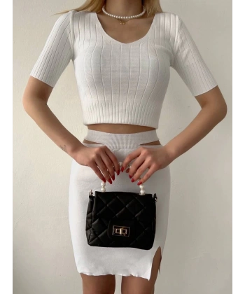 BİÇOMİ Etekli triko takım beyaz t23107