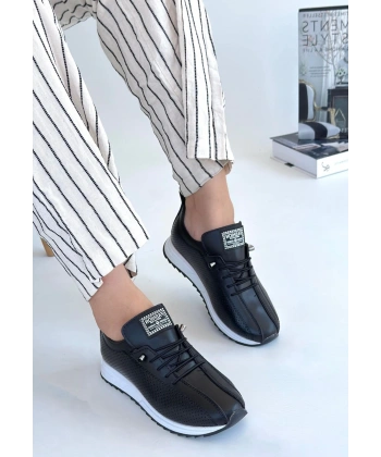 BİÇOMİ Fiert Siyah Cilt Bağcıklı Spor Ayakkabı