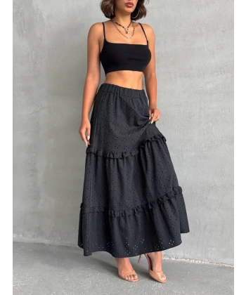 BİÇOMİ Fırfırlı brodeli astarlı uzun etek siyah s255047