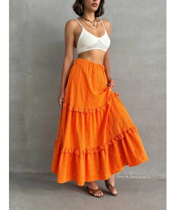 BİÇOMİ Fırfırlı brodeli astarlı uzun etek turuncu s255047