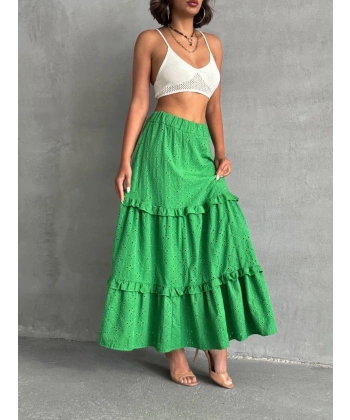 BİÇOMİ Fırfırlı brodeli astarlı uzun etek yeşil s255047