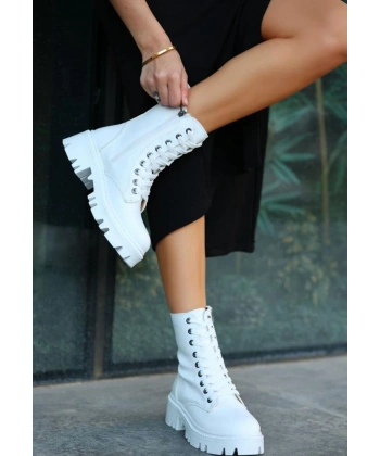 BİÇOMİ Flona Beyaz Cilt Bağcıklı Bot