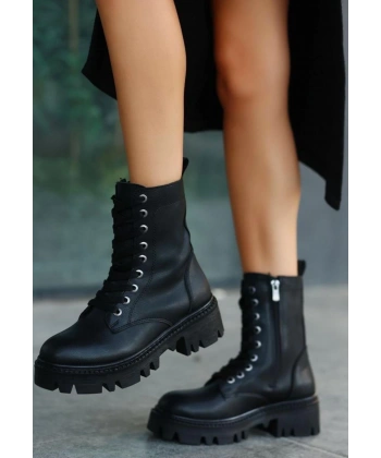 BİÇOMİ Flona Siyah Cilt Bağcıklı Bot