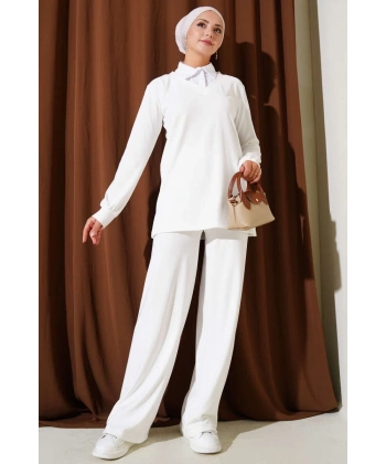 BİÇOMİ Gömlek Yaka Fitilli Salaş İkili Takım beyaz T4300