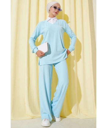 BİÇOMİ Gömlek Yaka Fitilli Salaş İkili Takım Buz Mavisi T4300