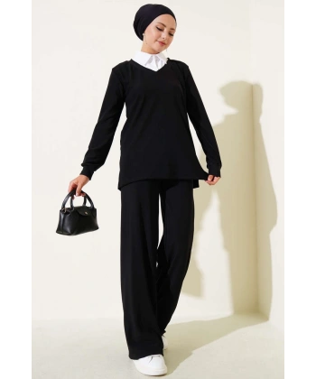 BİÇOMİ Gömlek Yaka Fitilli Salaş İkili Takım siyah T4300