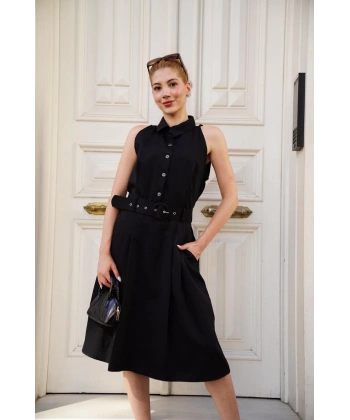 BİÇOMİ Gömlek yaka kemerli elbise siyah s255061