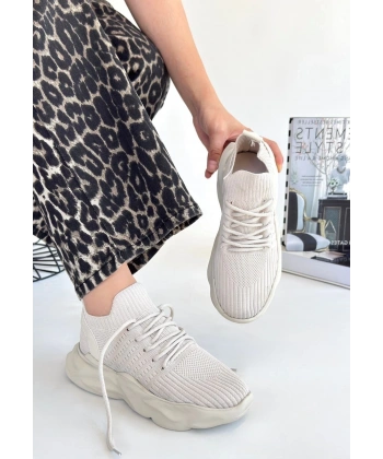 BİÇOMİ Henta Bej Triko Bağcıklı Spor Ayakkabı