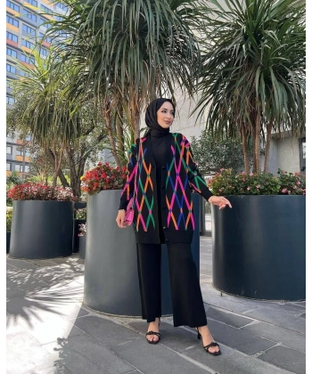 BİÇOMİ Hırkalı ikili takım çok renkli triko siyah