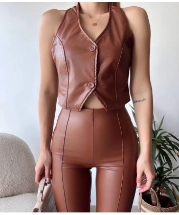 BİÇOMİ İki düğmeli deri yelek kahve s243001