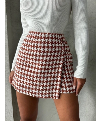 BİÇOMİ İki düğmeli kaz ayağı desen ch kumaş şort etek bordobeyaz h26414