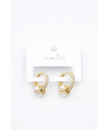 biçomi İncili Taşlı Halka Küpe - Altın