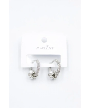 biçomi İncili Taşlı Halka Küpe - Gümüş