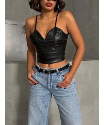 BİÇOMİ İp askılı yandan fermuarlı rastale deri crop siyah s24113